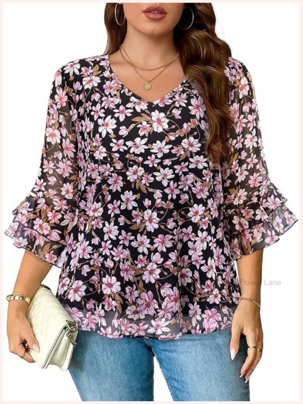 Plus Size Chiffon Blouse 3/4 Ruffle Sleeve V-Neck Tunic Top 1X-5X